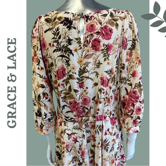 Grace & Lace Milan’s Floral Dress Waist Tie 3/4 Sleeve Cream Green Size Small - Picture 8 of 9